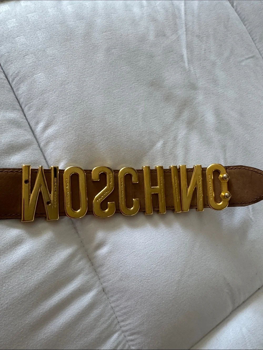 Moschino Brown Leather Logo Belt with Gold Tone Letters